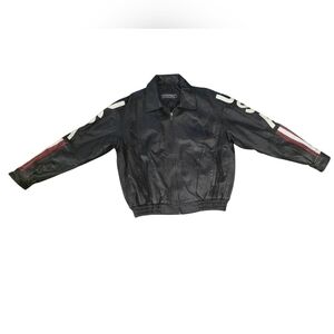 Leather World By Lucky Leather Men's Black Bomber Flag Jacket Size L Vintage